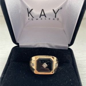 10K Gold, Onyx and Diamonds Stamp Ring, Size 10.5